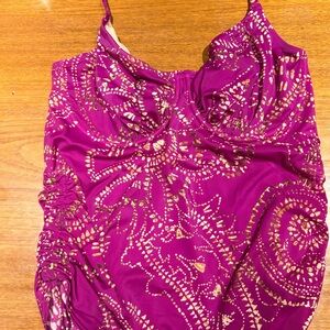 Fantasie Magenta Halter Tankini Top with Gold Print (34H bra sizing)